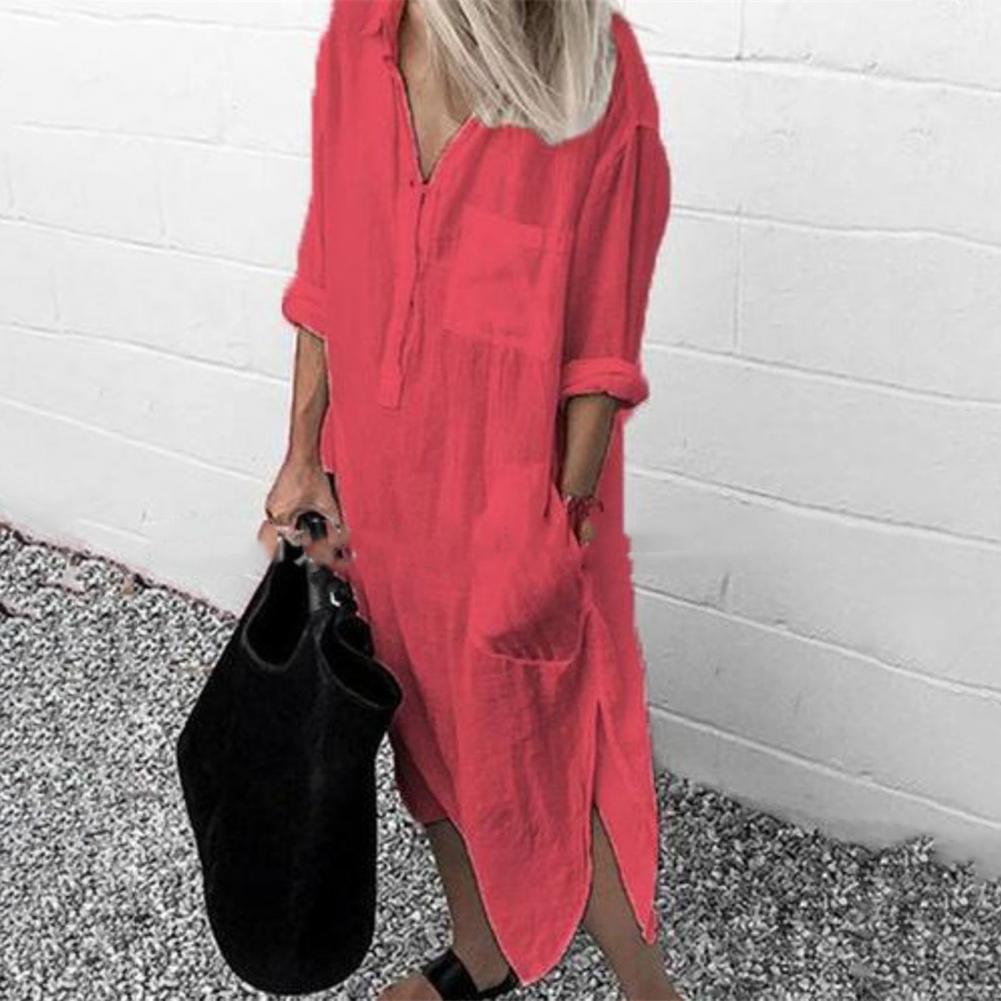 Robe chemise pour femme 2026, robe longue ample à fente latérale, robe chemise décontractée à manches longues boutonnée, printemps été