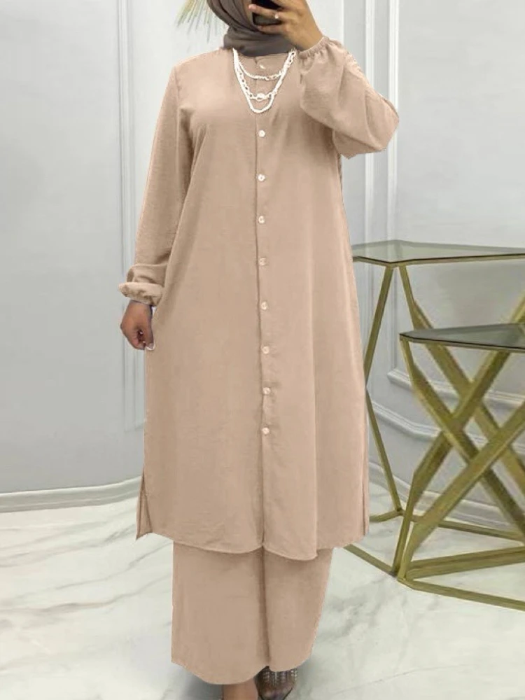 Eid Ensemble musulman femmes 2 pièces chemise Blouses pantalon à jambes larges Musulman Ensemble dubaï décontracté arabe Ramadan caftan 2024 tenue costumes