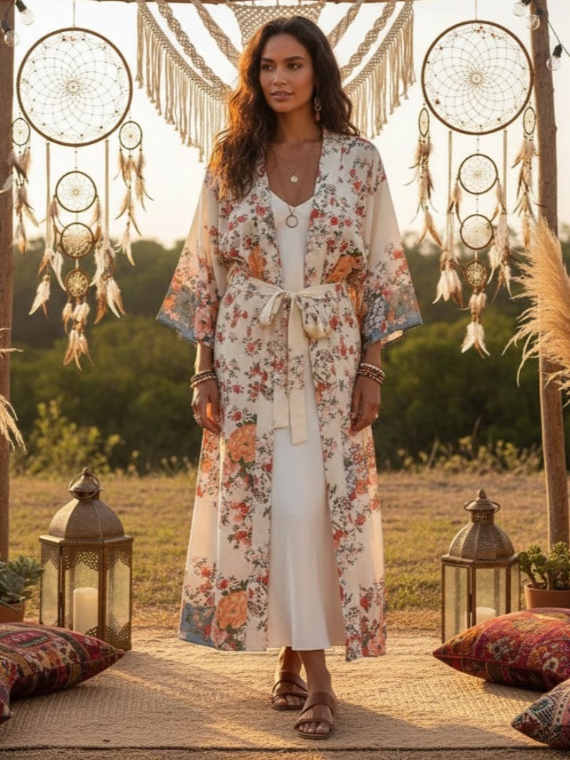Kimono de Plage Vintage Chic à Imprimé Floral Multiple pour Femme, Vêtement Bohème à Col en V, Manches Chauve-Souris, Robe Boho, Cache Bikini