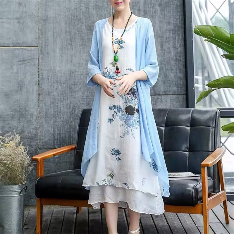 Ensemble de 2 pièces : Robe longue d'été élégante et décontractée pour femme, en coton et lin, imprimé vintage, avec cardigan.