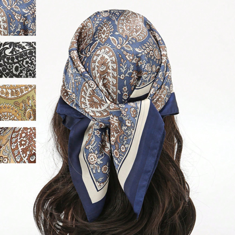 Écharpe carrée en soie pour femmes, style bohème, imprimé floral, foulard en satin, motif de feuilles tropicales, écharpes, bandana, hijab