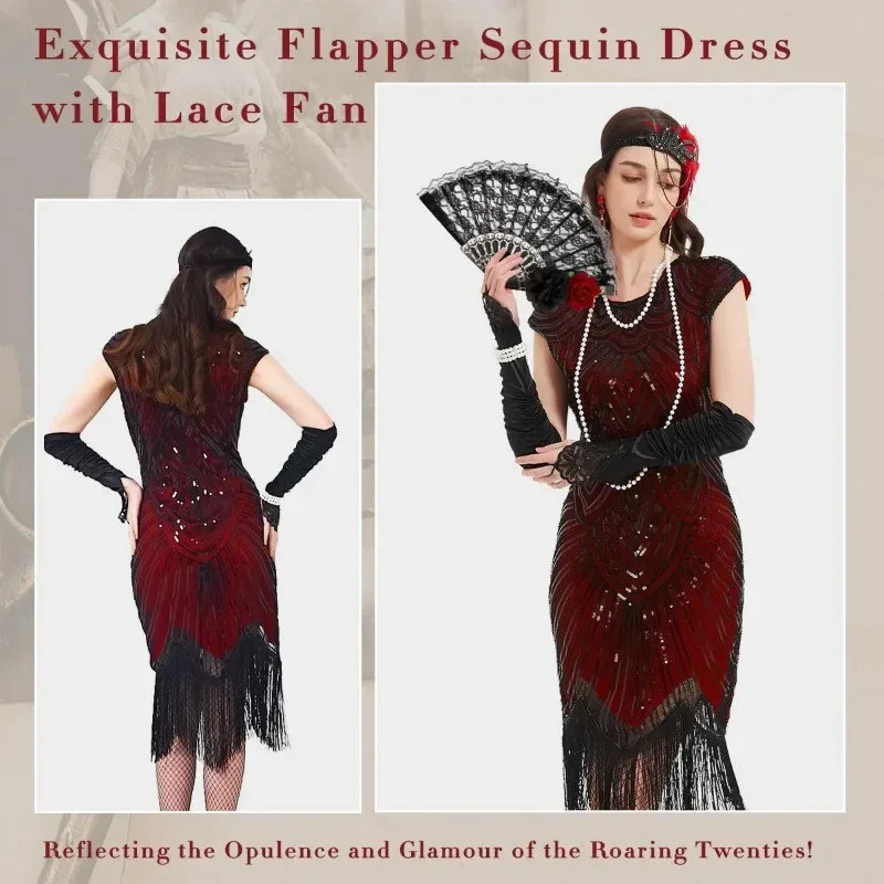 Robes des années 1920 pour femmes, robe à clapet en dentelle, bandeau en plumes, paillettes, perles, franges, accessoires des années 20, Costume de mafia Vintage