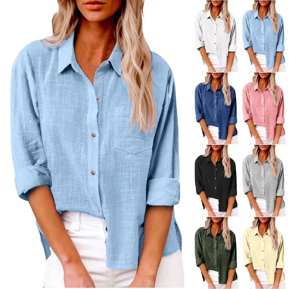Coton lin chemises à manches longues pour femmes T-Shirt solide mode T-Shirt femme vêtements T-Shirt élégant décontracté hauts t-shirts Streetwear