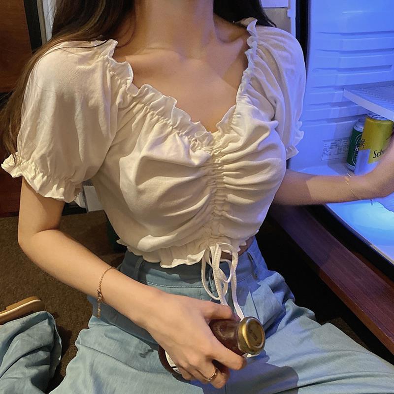 Chemisier en mousseline de soie à manches bouffantes pour femmes, haut court à volants, t-shirt Harajuku, mode jeune, sexy et élégant