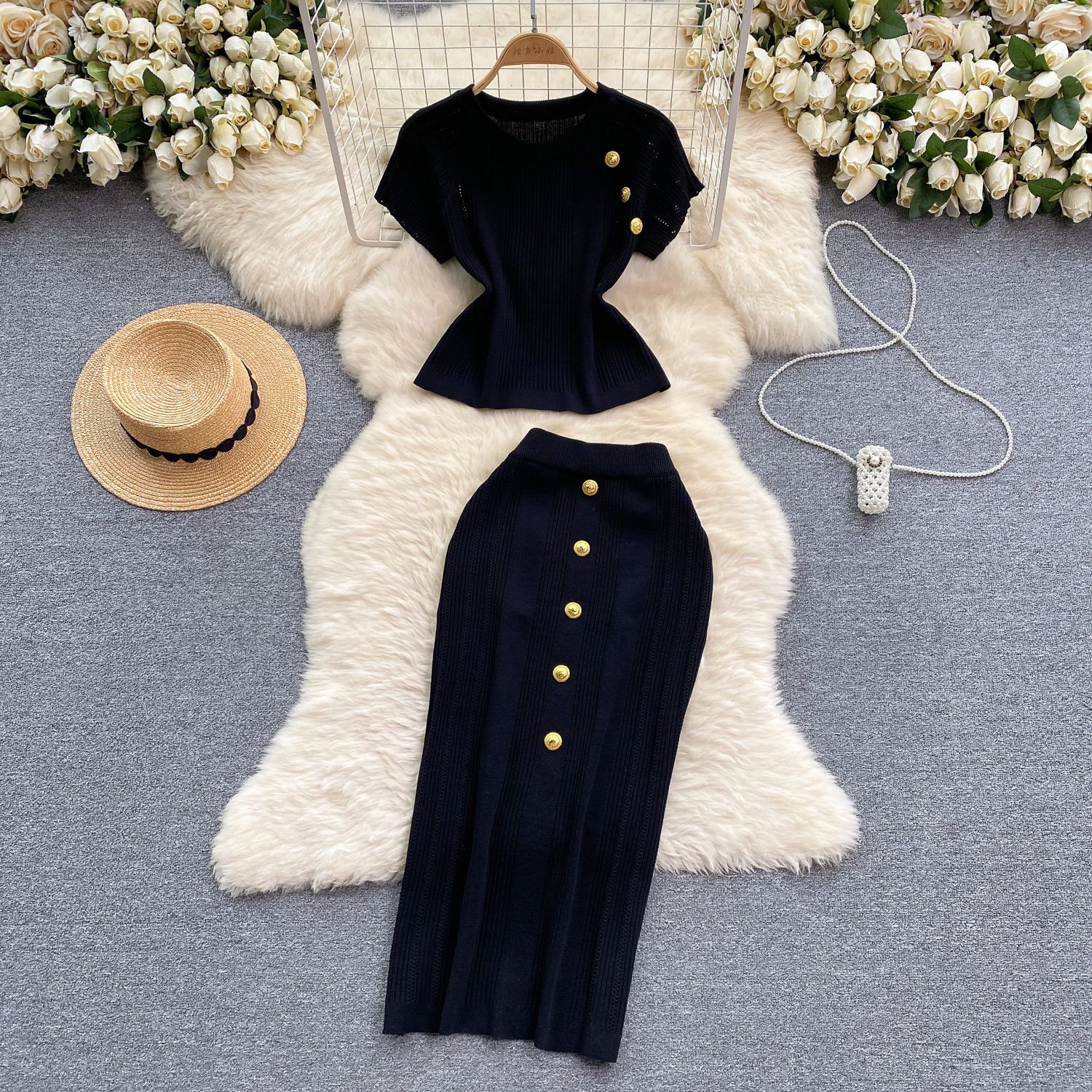 Ensemble jupe deux pièces pour femmes, robe, manches courtes, hauts tricotés, taille haute, jupes longues, épissure élégante, Streetwear Y2k, travail