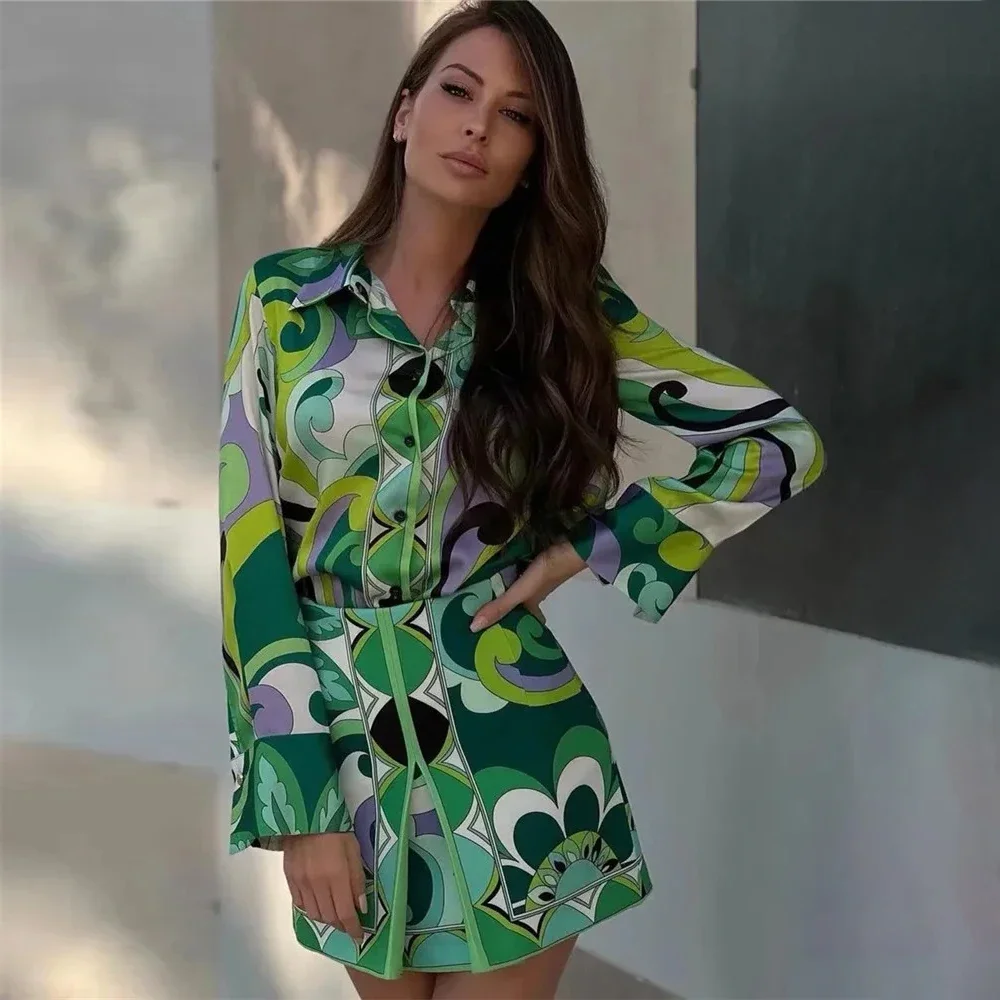 Ensembles de jupes d'été pour femmes, hauts tendance 2024, chemise à manches longues imprimé floral, jupe trapèze taille haute, ensembles de plage bohèmes, jupe Y2K