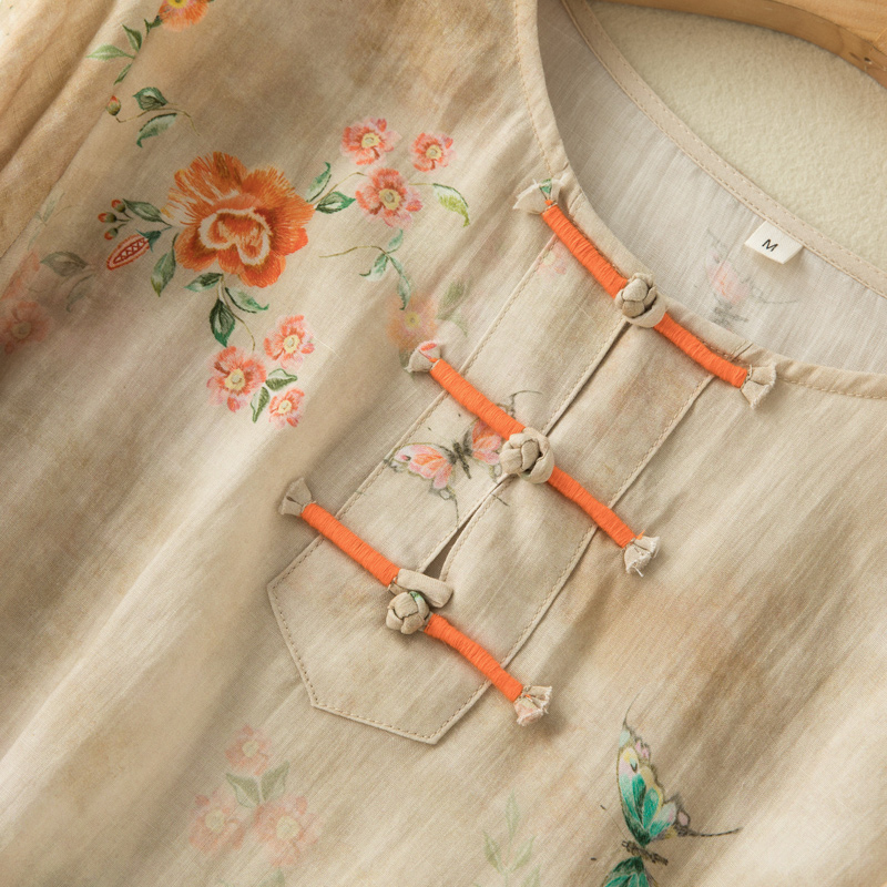 Style chinois abricot impression florale col rond manches courtes T-shirt femmes Blouse chemise mode coréenne femme vêtements hauts 2024