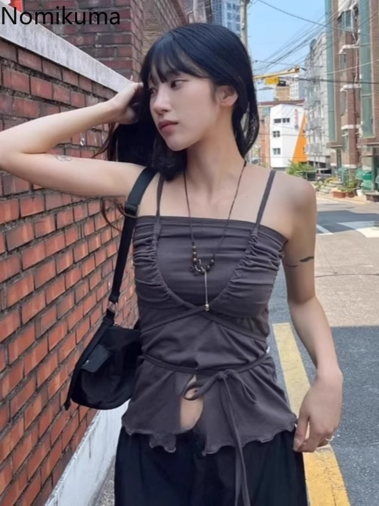 Vêtements pour femmes, débardeurs Sexy Y2k, hauts à bandes, plis, tunique sans manches, t-shirts fendus, Camis coréen, 2025 Ropa Mujer, gilet court Harajuku