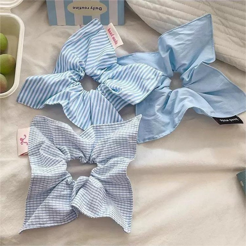 Élégant foulard carré en coton doux rayé bleu et blanc, attache-cheveux – Convient aux coiffures chignon et queue de cheval basse