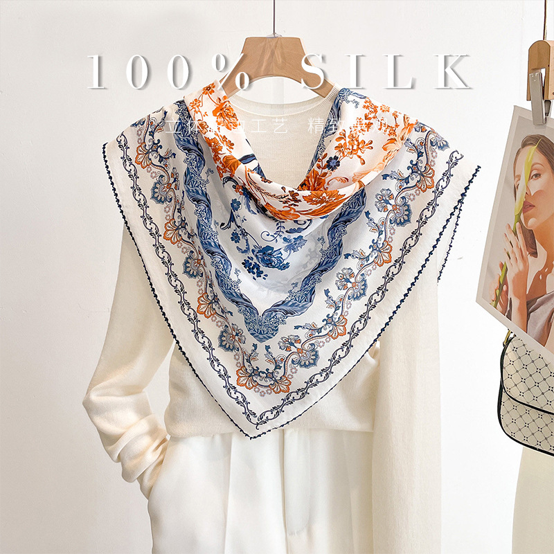 Foulard carré de luxe 100% soie de mûrier 70cm, imprimé floral baroque rétro, foulard de cou, foulard de tête, décoration de sac, cadeau quotidien pour femmes