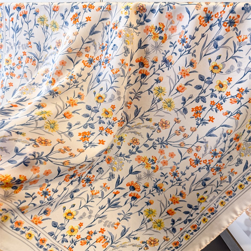 Écharpe carrée à imprimé floral pastoral, imitation soie, protection solaire, cravate haut de gamme, petit foulard carré, foulard pour femme