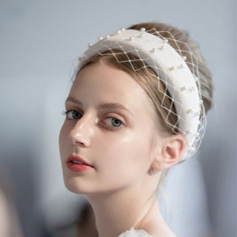 Bandeau rembourré avec voile pour femmes, bandeau de perles de mariée, large bandeau pour cheveux, couvre-chef pour fête de mariage, Showgirl