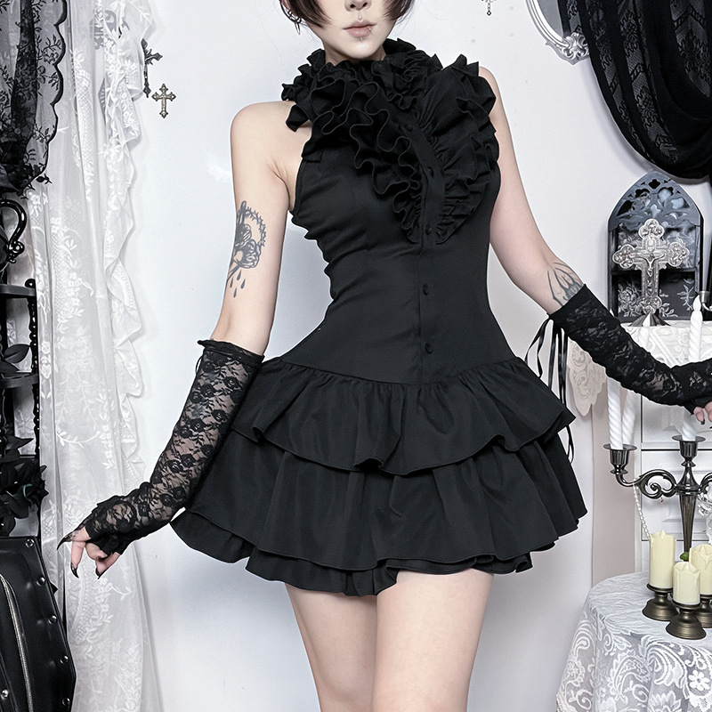 Robe pour femme de style gothique sombre avec taille à volants, jupe courte à volants superposés, en fibre de polyester, sans élasticité, coupe trapèze