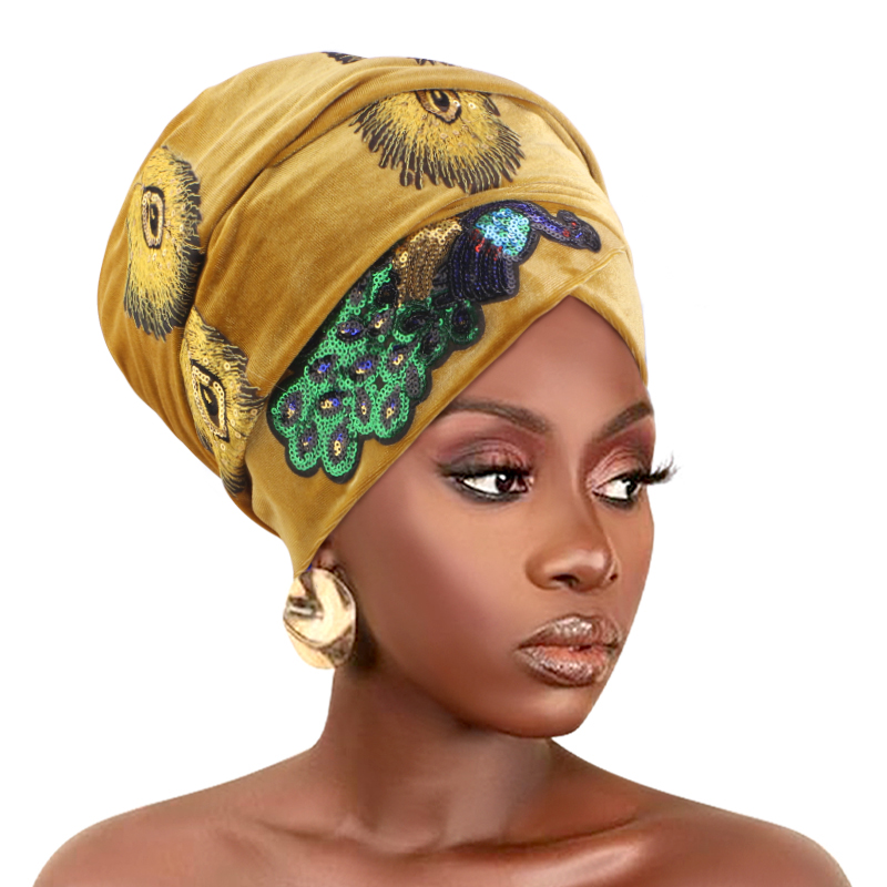 Nouveau Turban Long en Velours Orné de Paon et de Paillettes pour Femme, Foulard de Luxe pour Femme, Hijab, Turbante
