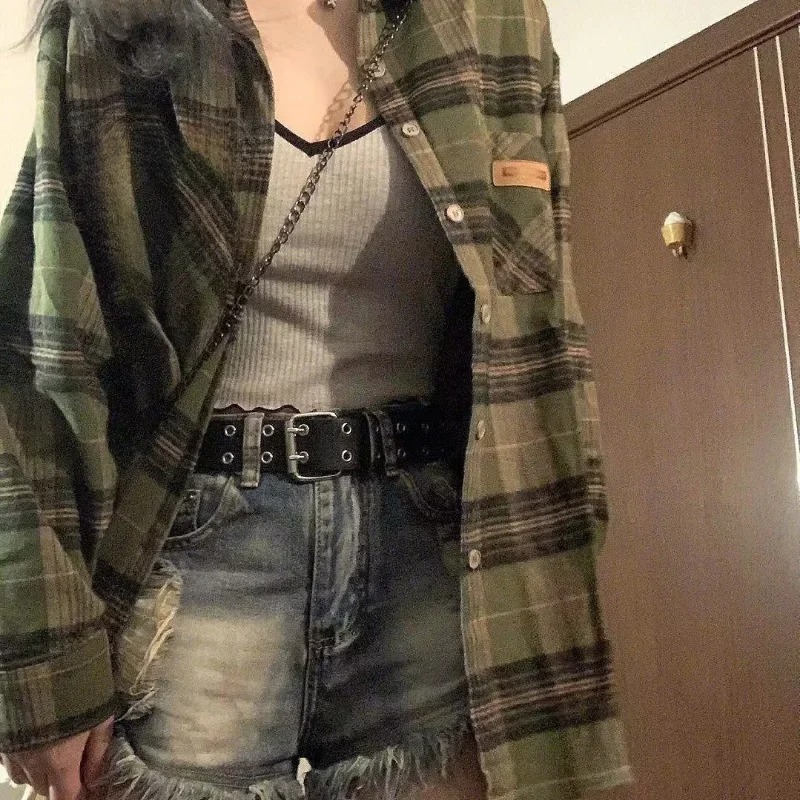 Chemise Tartan à manches longues pour femmes, col boutonné, surdimensionnée, à carreaux, veste Grunge, mode adolescente, tenue printemps été