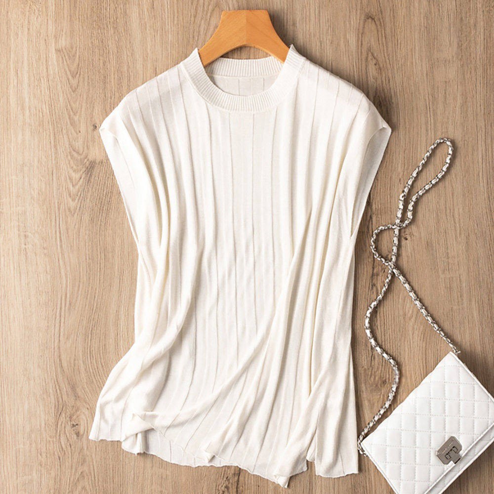 Gilet sans manches pour femme, pull en tricot, débardeur côtelé, extensible, col rond, mélange de soie de mûrier