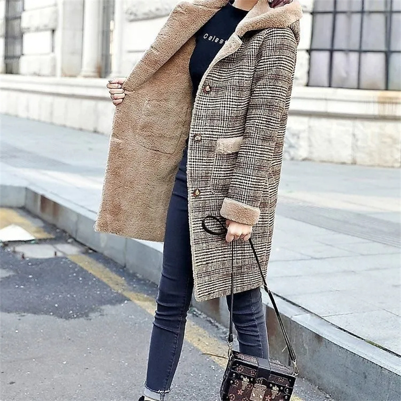 Nouveau Manteau Long Hiver 2026 pour Femme, à Capuche, Épais et Chaud, en Laine à Carreaux et Fourrure de Lapin, Style H, Haute Qualité