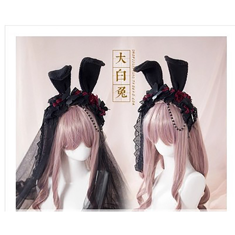 Bandeau oreilles de lapin, voile noir lolita, accessoires gothiques kc en fil de dentelle