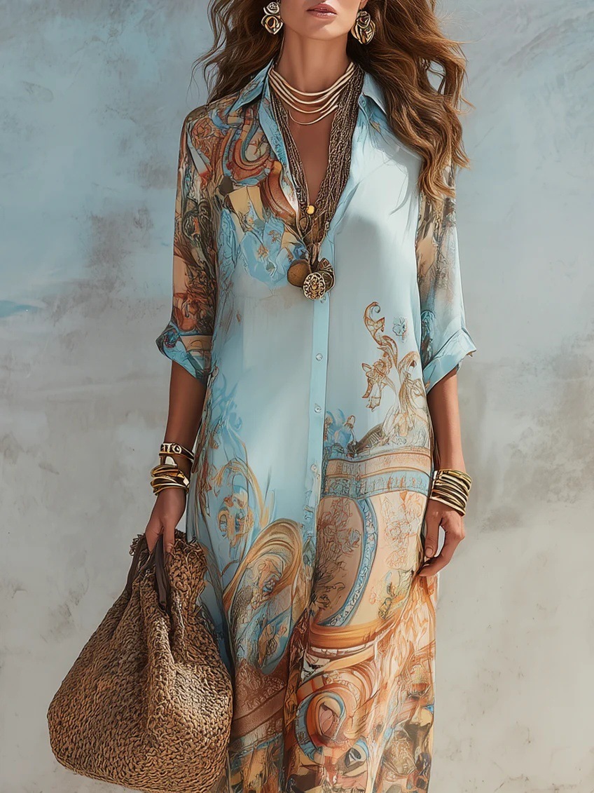 Robe longue élégante pour femme et jeune fille, imprimé numérique, col rabattu, simple boutonnage, fluide, décontractée, style bohème, été, Vestido
