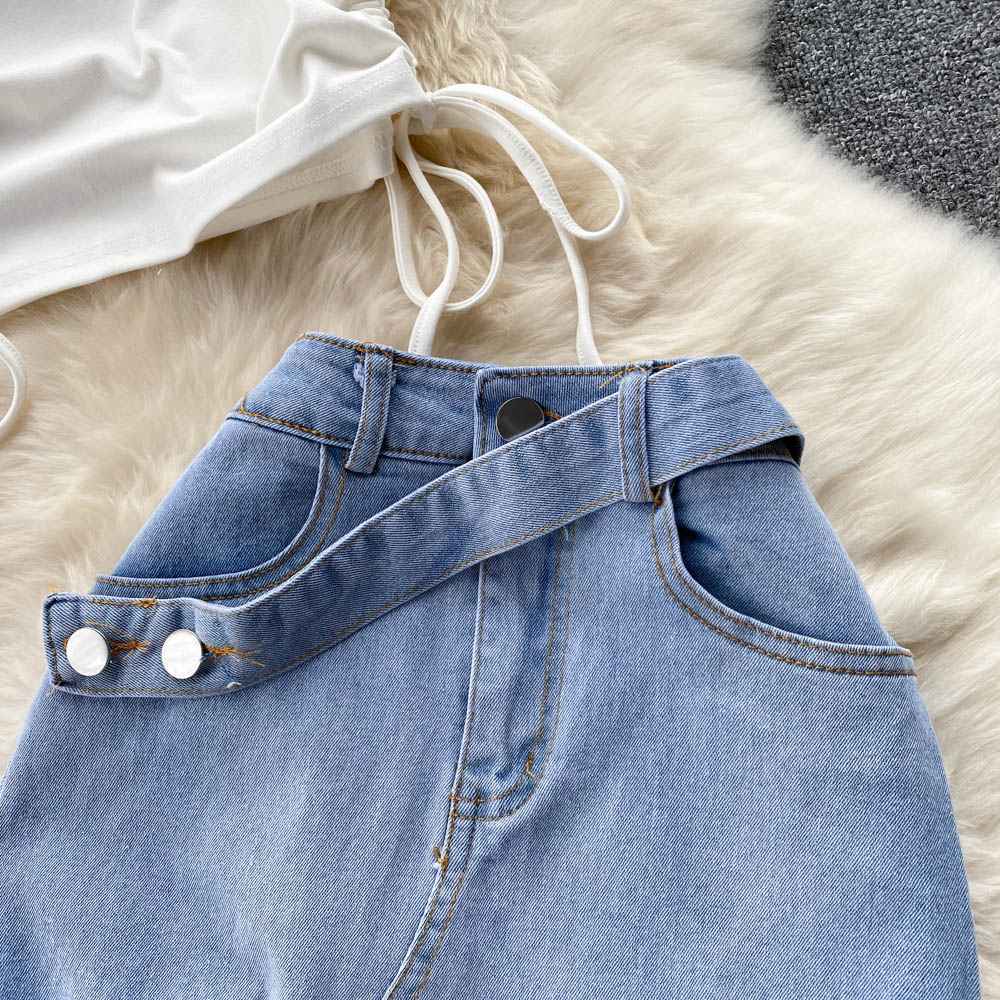 Ensemble Demi-Jupe en Denim pour Femme, Sexy, One Initiated Proximity, Wstring Top, Slim Gla+, Irrégulier, Bord Brut, Fente Longue, Été