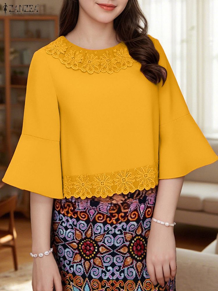 Femmes élégantes Blouses 2025 ZANZEA élégant bureau chemise femme col rond dentelle Patchwork hauts décontracté 3/4 manches coupe ajustée fête Blusas