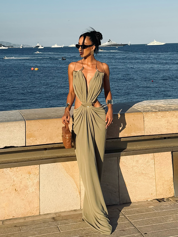 Robe longue sexy pour femme, sans manches, col en V profond, dos nu, moulante aux hanches, élégante, nouvelle collection été, pour la plage et les vacances