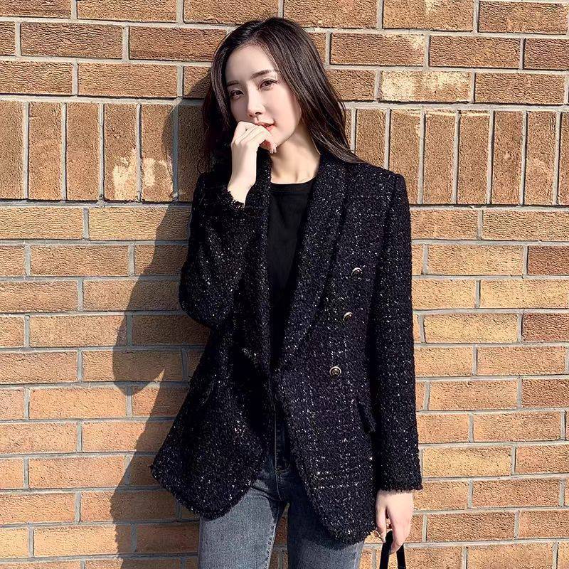 Blazer Croisé Noir en Tweed pour Femme, Manteau Vintage à Manches sulf, Poches à Rabat, Chic, à la Mode, Hiver