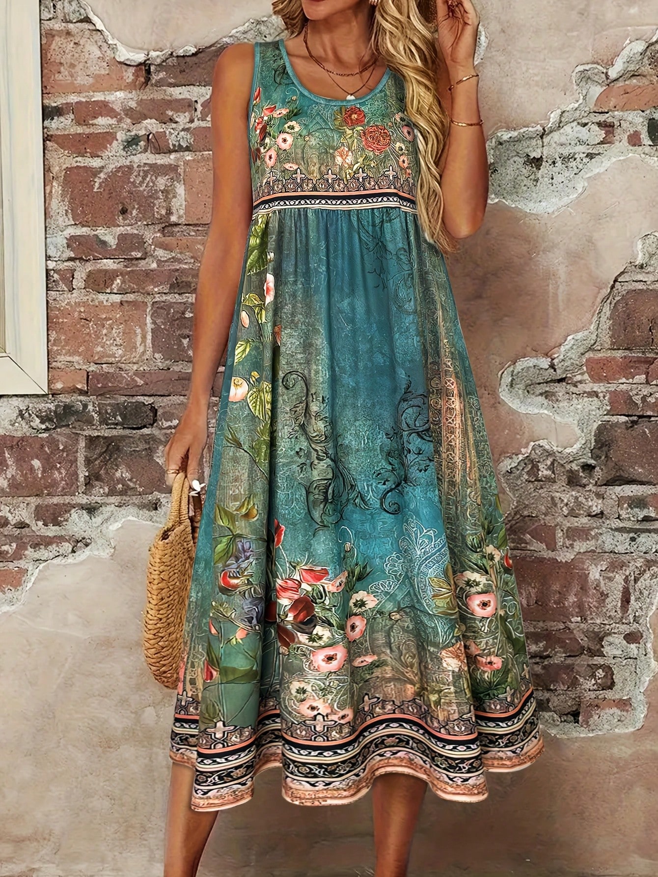 Robe Bohème Florale Sans Manches pour Femme, Imprimé Turquoise Vintage, Col Rond, Taille Haute, Coupe Évasée, Longueur Midi