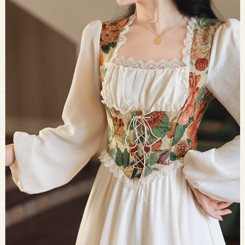 Robe corset vintage à imprimé floral pour femmes, robe midi à manches longues et col carré en dentelle, robe de soirée élégante style cottagecore