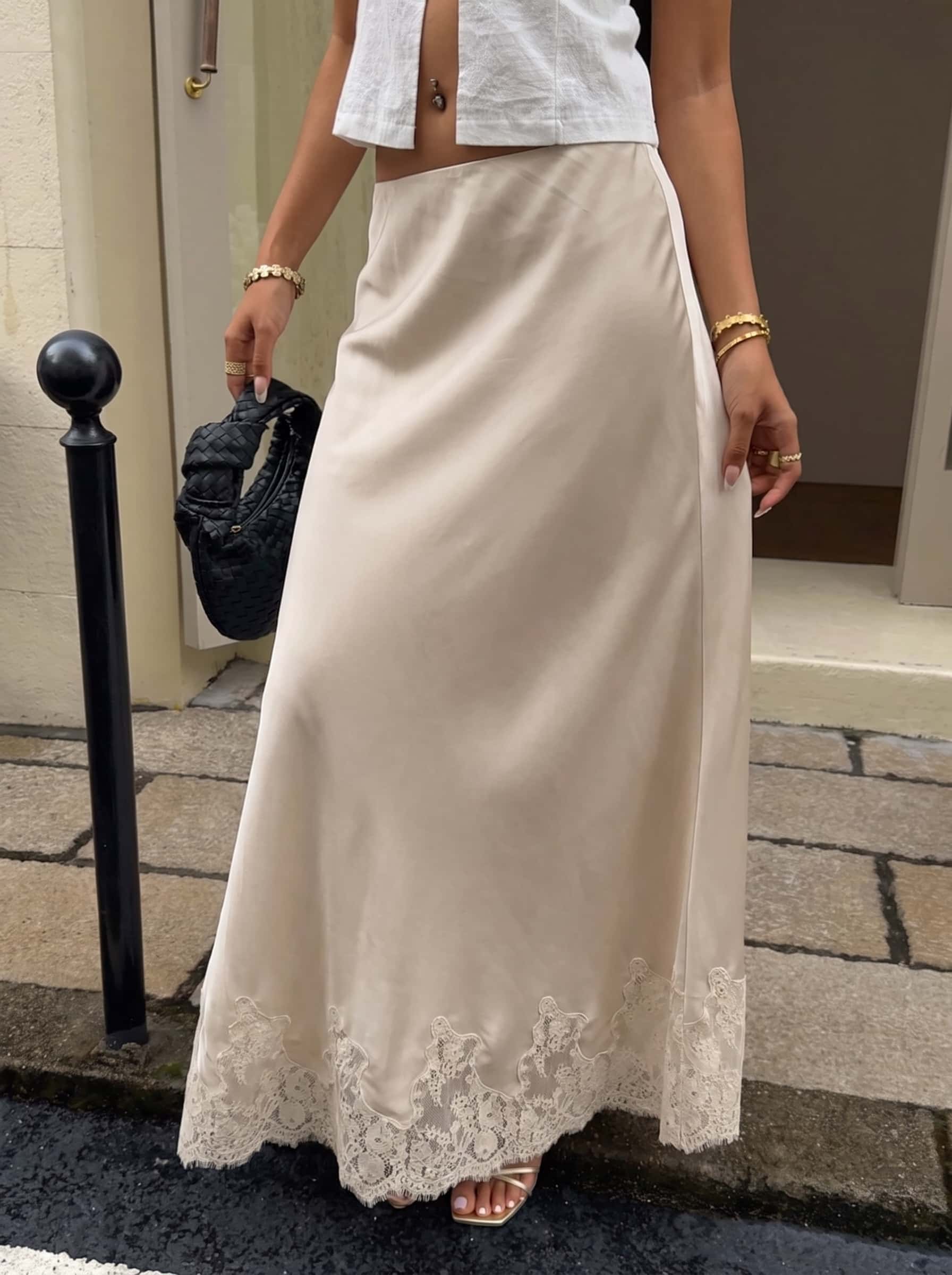 Jupe longue à taille haute pour femmes, avec ourlet en dentelle, coupe évasée, élégante, décontractée, idéale pour les vacances et le streetwear, bas fluide pour dames.