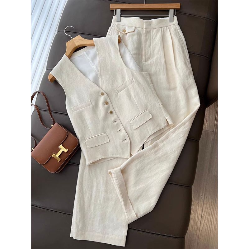 Nouveau style coréen design de mode tempérament gilet pantalon à jambes larges costume deux pièces