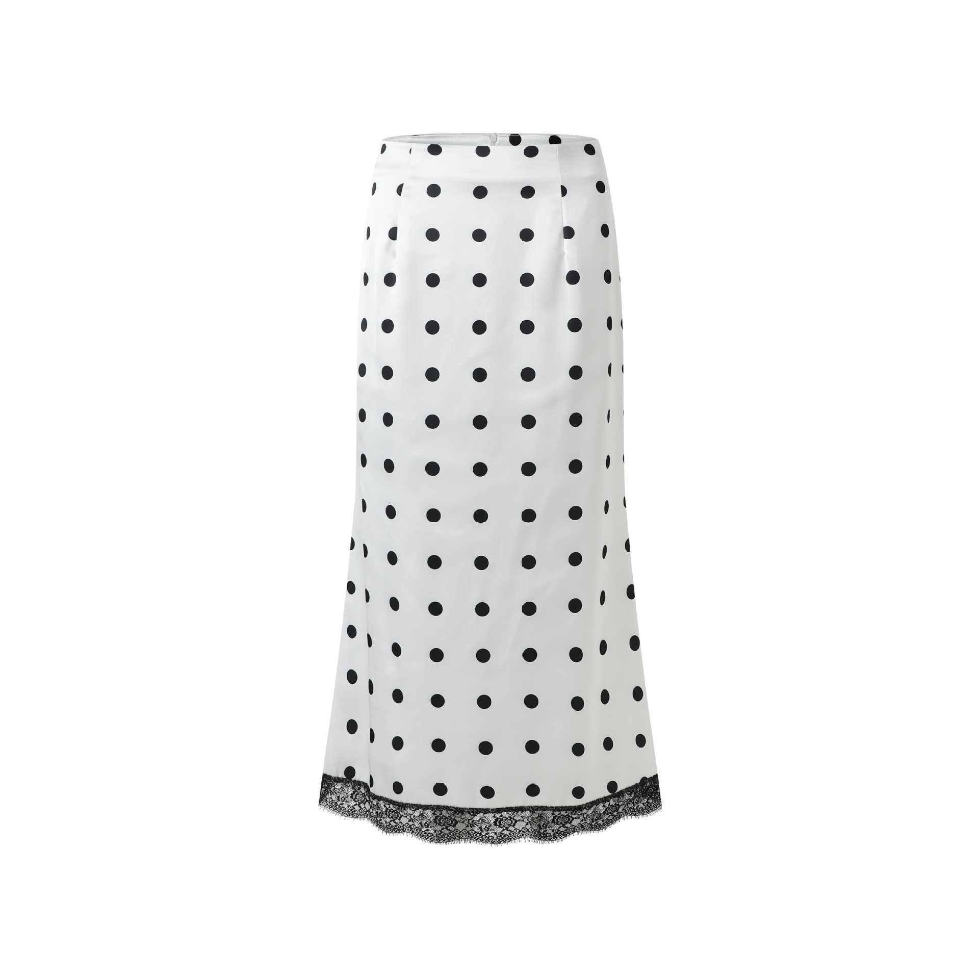 Jupe midi élégante en satin blanc à pois pour femme, avec patchwork de dentelle, taille haute, coupe ajustée, longue, collection été 2026, décontractée, pour le bureau et le streetwear