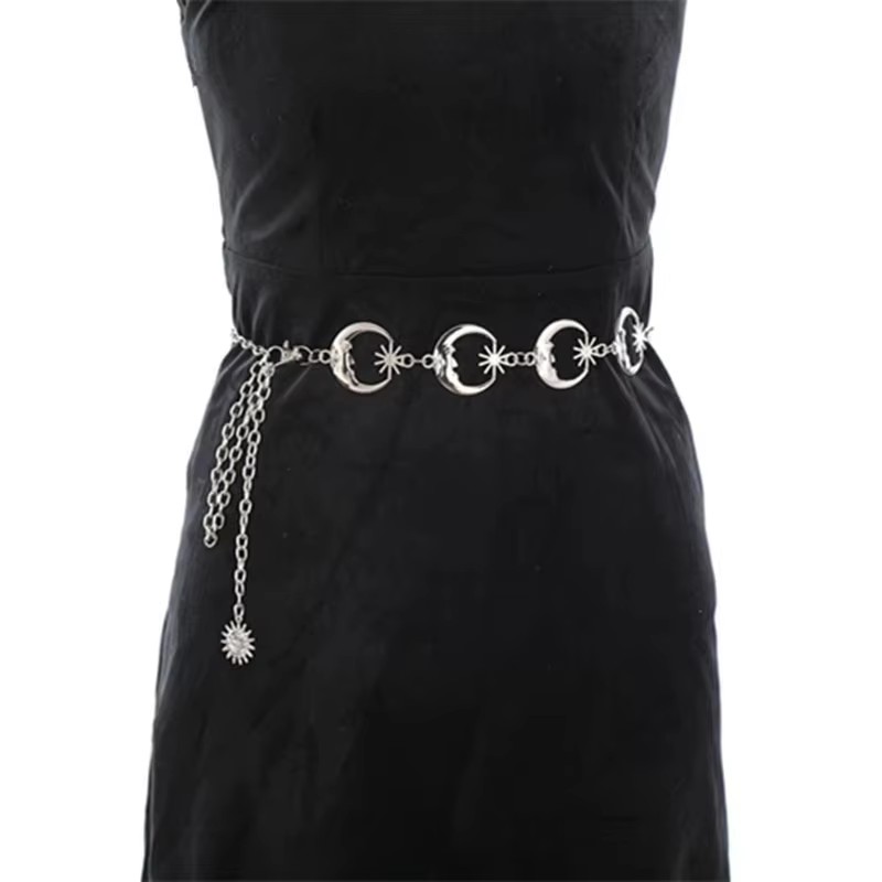 Ceinture de mode pour femme, chaîne fine en métal doré et argenté, style gothique, avec pendentif lune argenté, vintage, pour taille haute