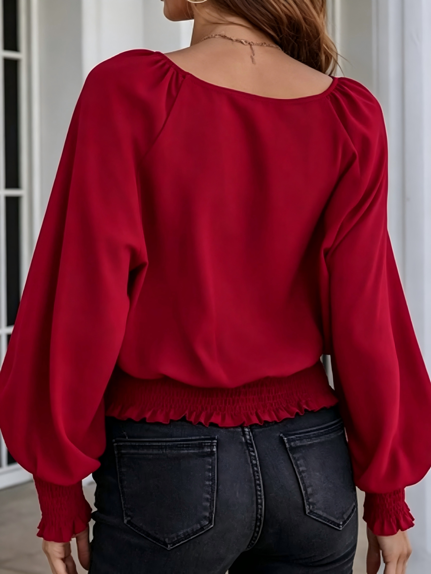 Chemisier Rouge Femme à Manches Longues Bouffantes, Col Rond, Taille Froncée, Poignets Volants, en Chiffon – Élégant, Décontracté, pour le Bureau – Hauts pour Dames 2025