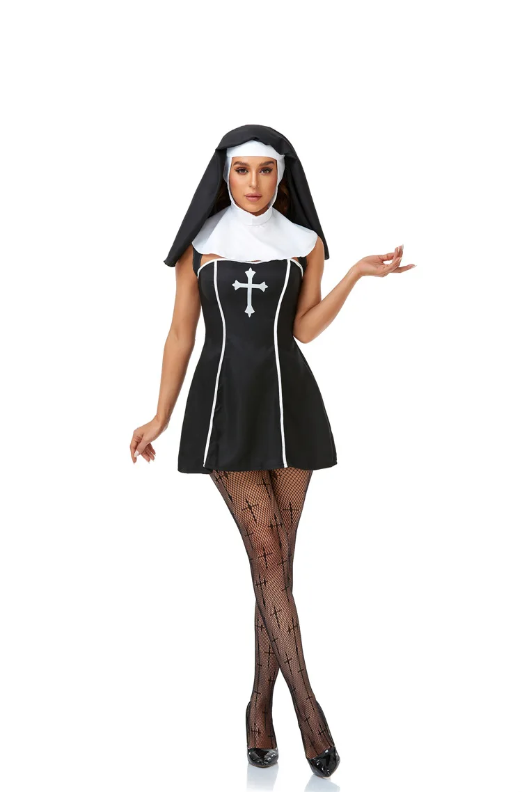 Costume de Cosplay de ixd'Halloween de Pâques pour Adulte, Sexy, Nonne, Femme, Prière, Enseignant, Noir et Blanc, Scène Trempée