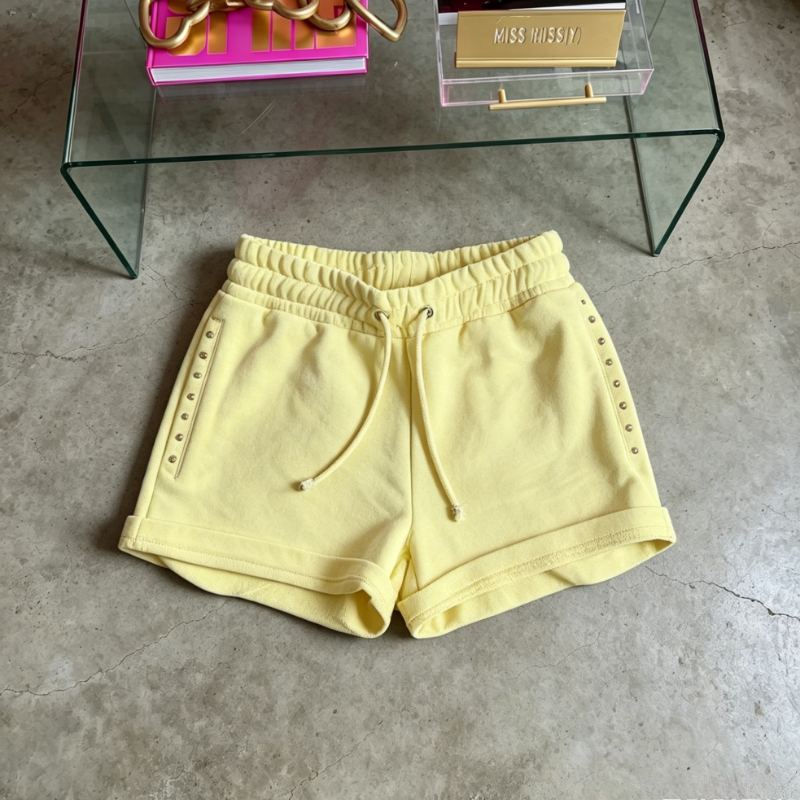 Ensemble de sport 2 pièces pour femme, style Y2K rétro, comprenant un sweat à capuche et un short, avec motif imprimé 21, jaune Mellow, avec rivets, nouvelle collection