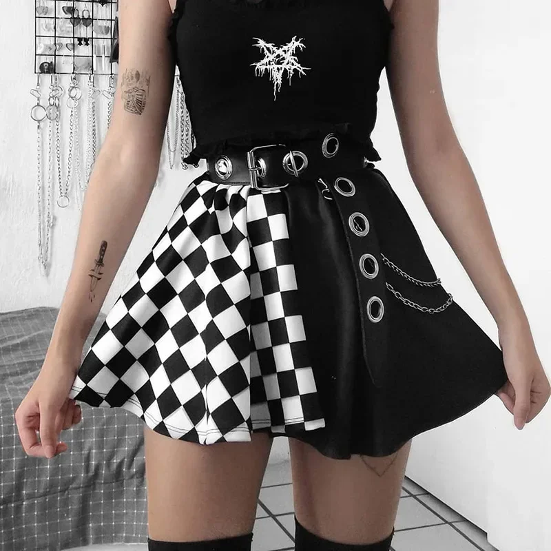 Mini Jupe Plissée à Carreaux pour Femme, Patchwork, Gothique, Sexy, Harajuku, Mode Punk, Esthétique, Été, Taille Haute, 2021