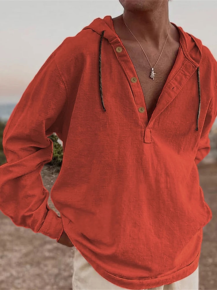Chemise à capuche Vintage en coton et lin pour hommes, manches longues, col en V, hauts d'automne, chemises amples décontractées, chemisier de plage en bord de mer