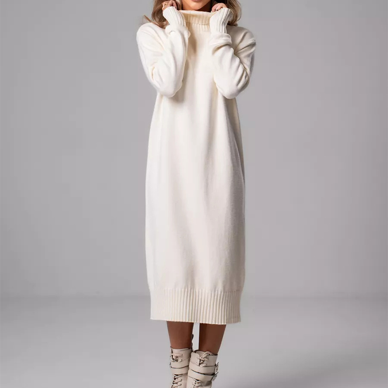 Robe tricotée côtelée à col roulé pour femme, pull basique à manches longues, couleur unie, automne hiver