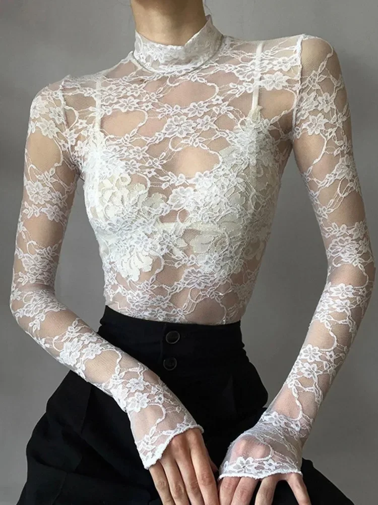 Chemisier Sexy en dentelle pour femmes, chemises d'été à col roulé, manches longues, transparent, Patchwork, hauts fins