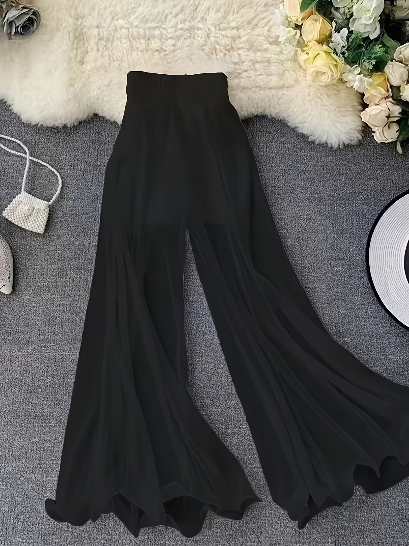 Pantalon large noir taille haute fluide et léger pour femme, grande taille, protection solaire, décontracté, idéal pour l'été
