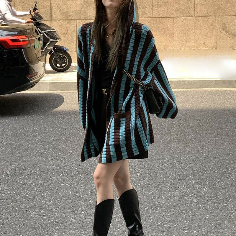 Cardigan rayé à manches longues pour femmes, pulls à capuche épissés, vêtements décontractés coréens, automne et hiver