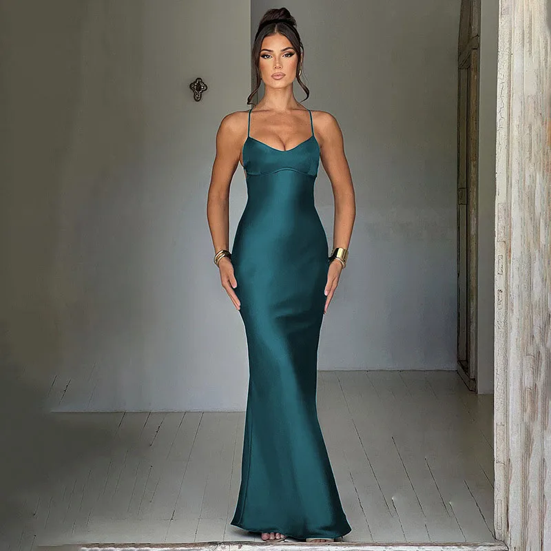 Robe sirène en Satin pour femmes, Sexy, bretelles Spaghetti, élégante, dos nu, à lacets, sans manches, Slim, moulante, longue robe de soirée