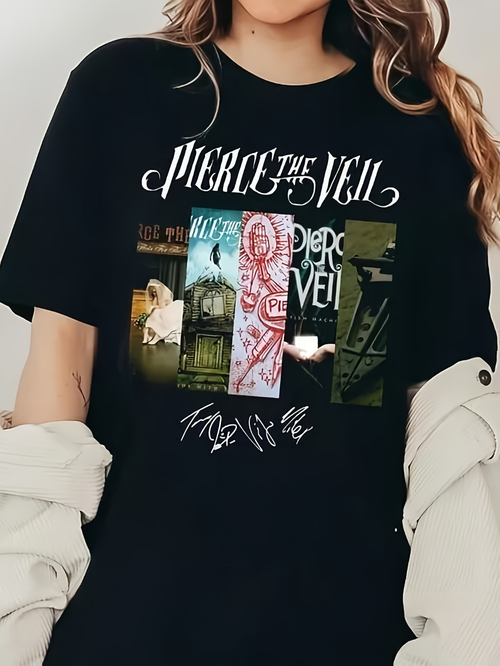 LocalPierce The Veil Band T-shirt graphique doux et respirant, coupe régulière, manches courtes, col rond, design d'illustration d'album