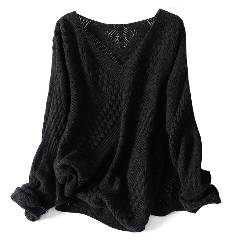 Pull tricoté décontracté ample à manches longues pour femme, grande taille 6XL (jusqu'à 150 kg), couleur unie, ajouré, collection automne-hiver