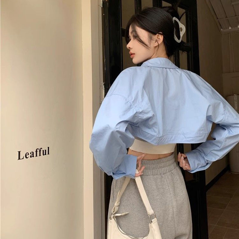 Chemises Super courtes pour femmes, Streetwear, taille haute, manches longues, couleur unie, hauts courts assortis, nouvelle mode d'été
