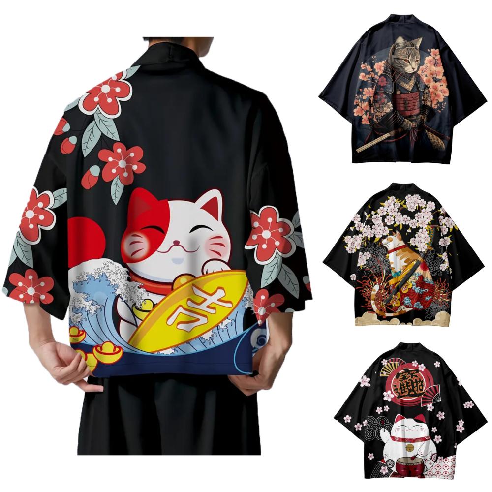 Kimono japonais imprimé samouraï chat Sakura pour hommes et femmes, Cardigan Haori, Costume traditionnel, cape ample à manches courtes, S-3XL