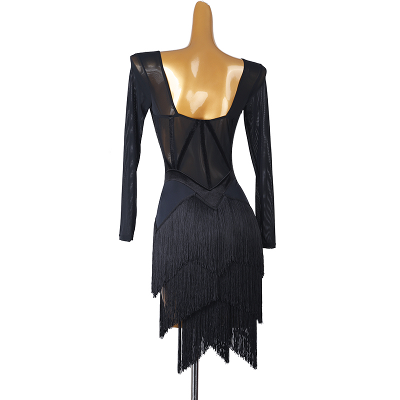 Robe de danse latine à franges pour femmes, avec franges, pour spectacle, Salsa, Rumba, manches longues, pour salle de bal, Costume de scène, nouvelle collection 2025