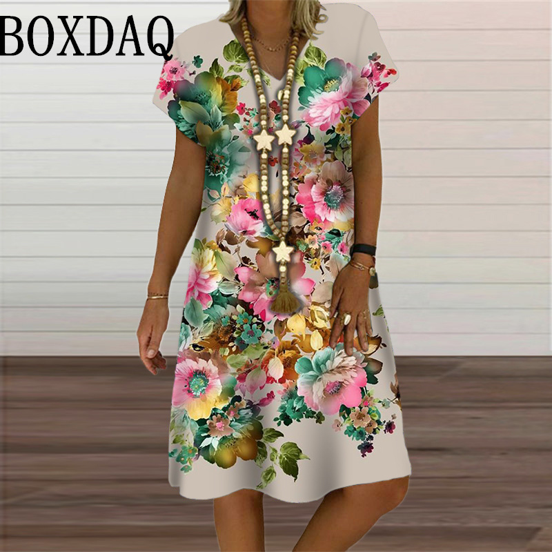 Robe à motif papillon 3D pour femmes, vêtements pour femmes, mode respirante, manches courtes, imprimé fleuri, robes décontractées à col en V, été, 2024