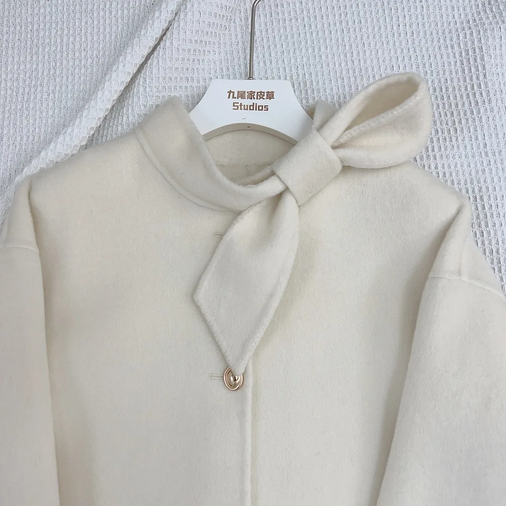 Manteau en Laine pour Femme 2026 Nouvelle Collection Hiver avec Poignets en Fourrure de Renard Naturelle, Veste de Luxe en Cachemire et Laine pour Femme